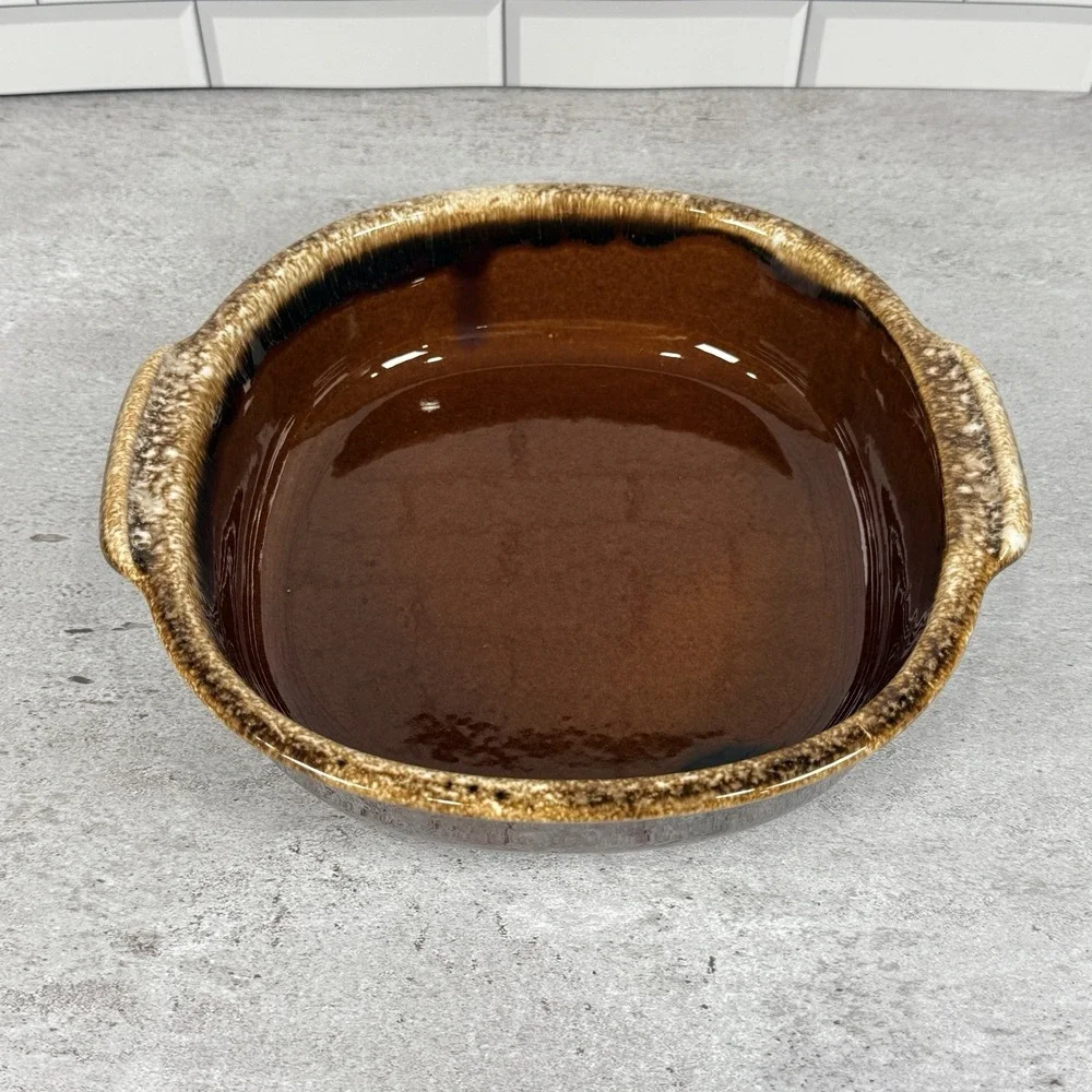 Hull Brown Drip Glaze Round Handled Stoneware Baking Serving Dish Vintage USA 9